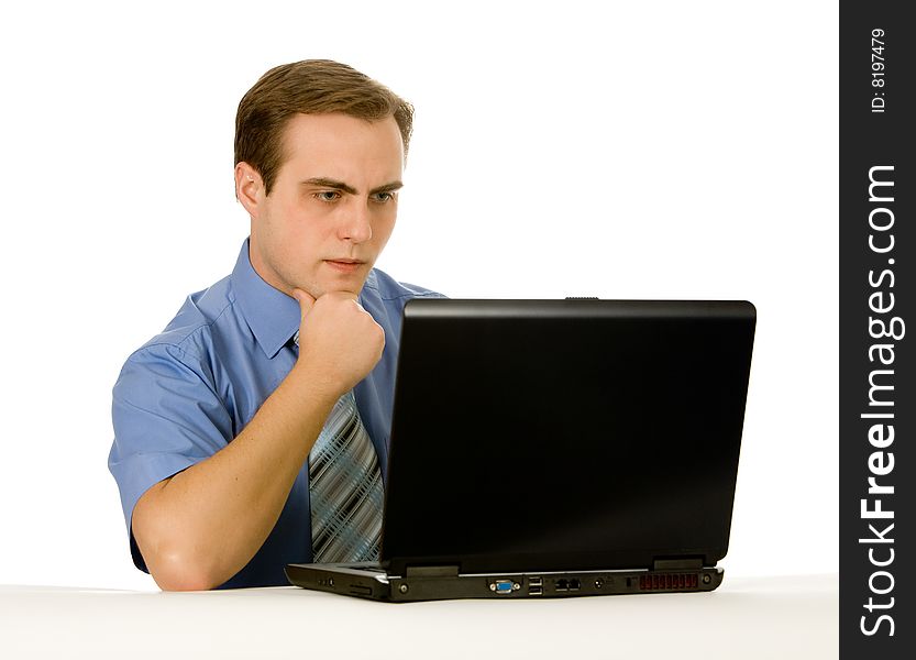 Businessman Working On Laptop. Isolated On White.