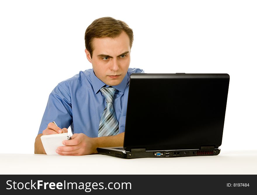 Businessman Working On Laptop. Isolated On White.