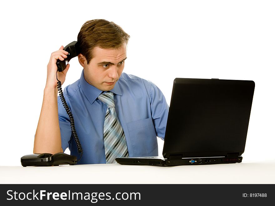 Businessman Working On Laptop. Isolated On White.