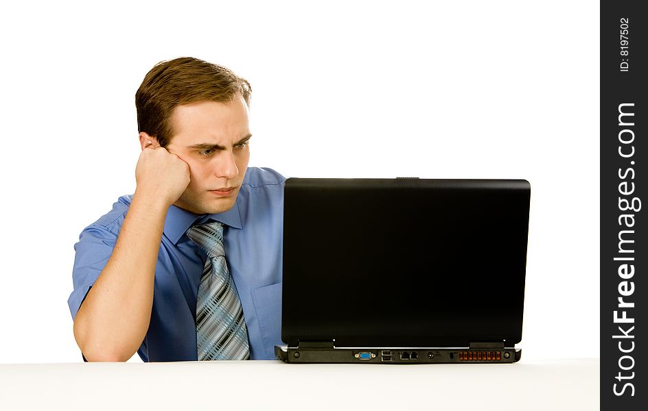 Businessman Working On Laptop. Isolated On White.