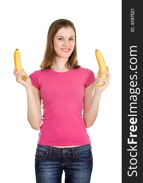 Beautiful girl holding bananas; isolated on white