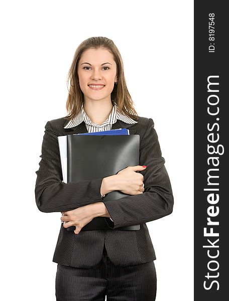 Friendly businesswoman with folders. Isolated on white