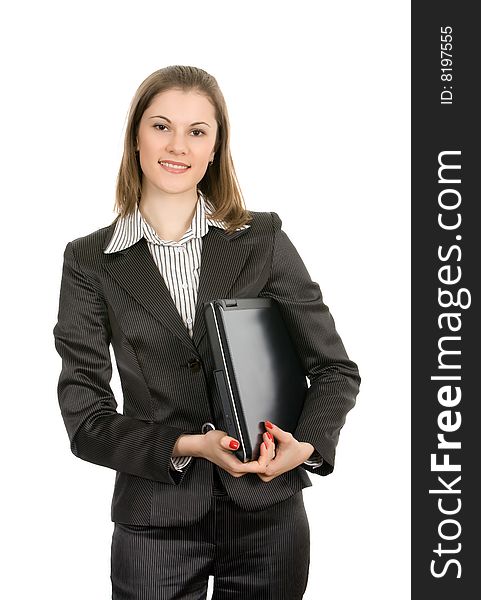 Businesswoman with a laptop. Isolated on white