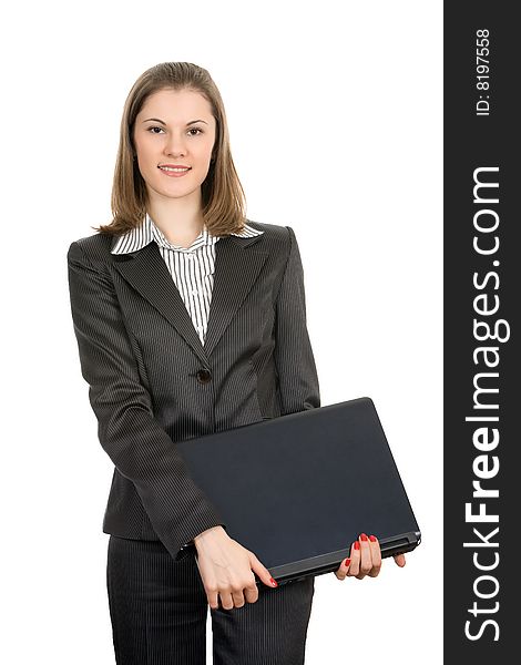 Friendly businesswoman with a laptop. Isolated on white
