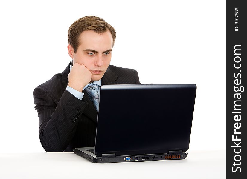 Businessman Working On Laptop. Isolated On White.