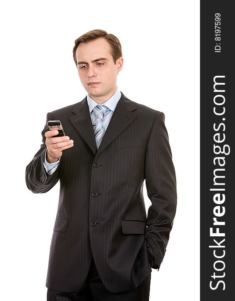 Young businessman with a mobile phone. Isolated on white. Young businessman with a mobile phone. Isolated on white.