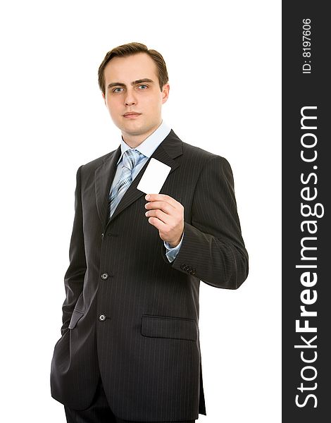 Businessman with a business card. Isolated on white.