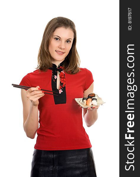 Girl With Chopsticks And Sushi. Isolated On White