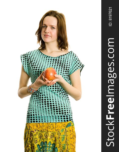 Young Girl With An Apple. Isolated On White.