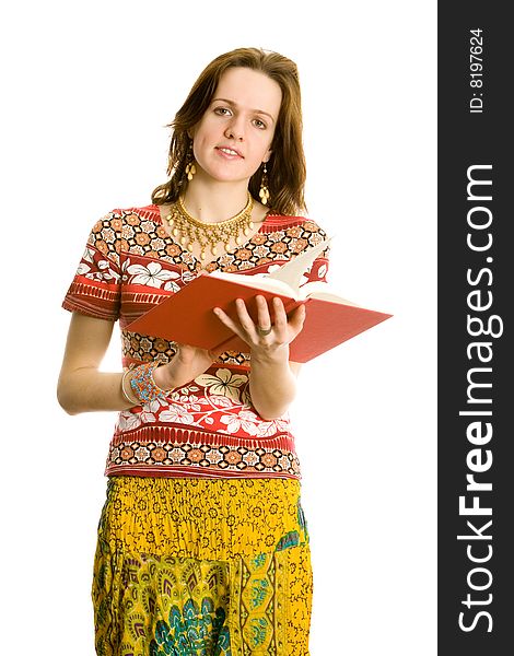 Beautiful college girl with a book. Isolated on white.