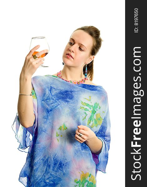 Woman With A Glass Of Cognac. Isolated On White.