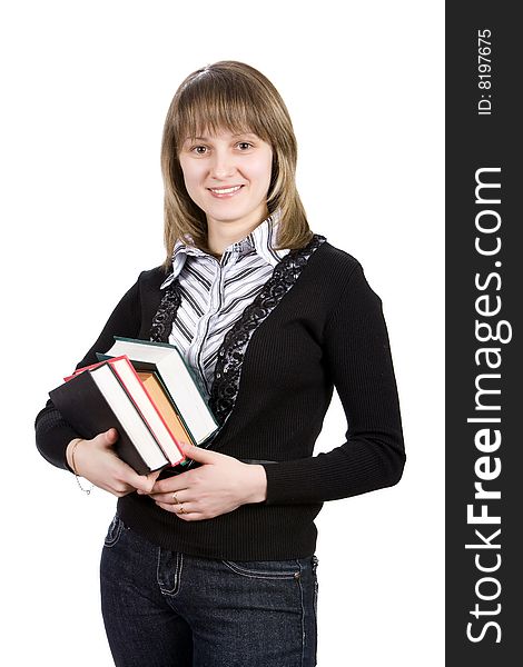 College Girl With Books. Isolated On White