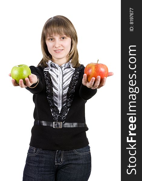 Young Girl Holding Out Apples. Isolated On White.