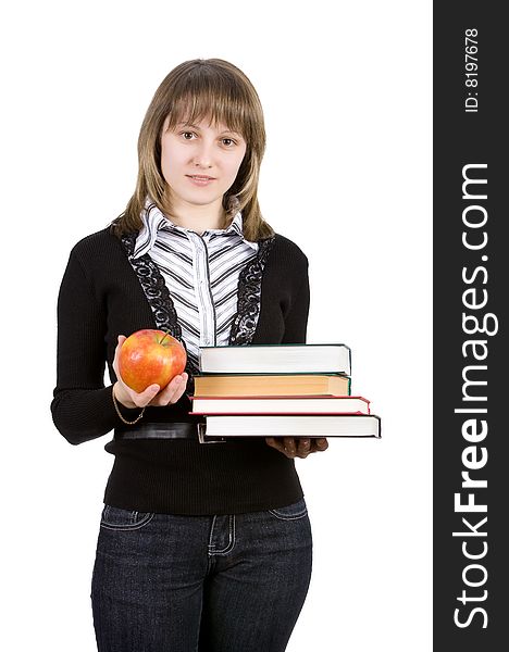 Beautiful college girl with books and apple; isolated on white. Beautiful college girl with books and apple; isolated on white
