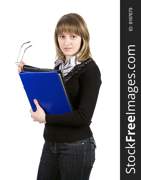 Young smiling woman with folders. Isolated on white. Young smiling woman with folders. Isolated on white.