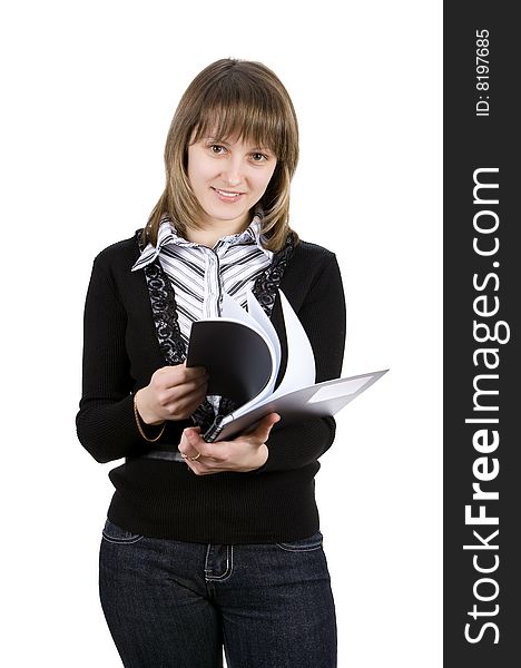 Young smiling woman with a copy-book. Isolated on white.