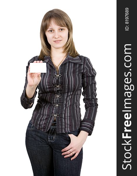 Young woman with a business card. Isolated on white