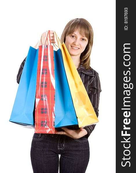 Girl With Shopping Bags. Isolated On White