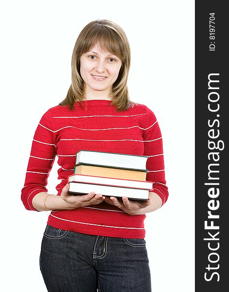 Beautiful college girl with books. Isolated on white.