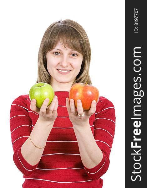 Beautiful Girl Holding Apples. Isolated On White.