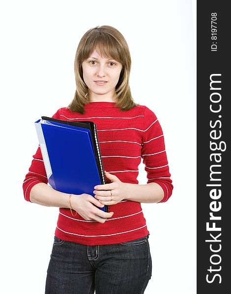 Young smiling woman with folders. Isolated on white. Young smiling woman with folders. Isolated on white.