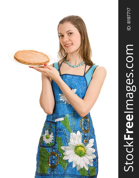 Girl With A Plate Of Pancakes. Isolated On White.