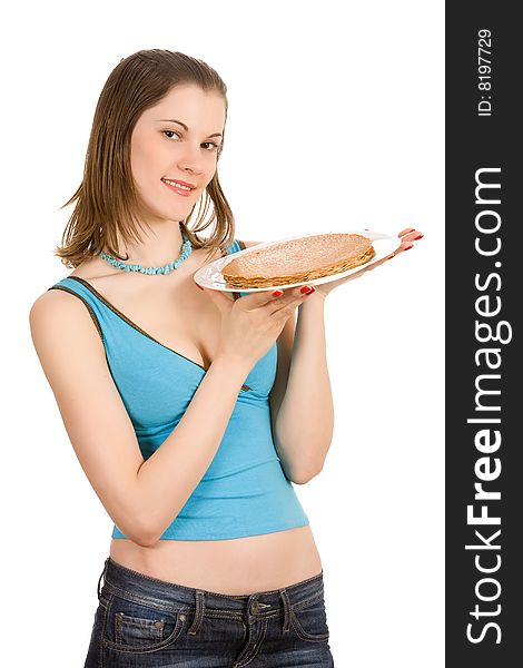 Beautiful girl with pancakes. Isolted on white