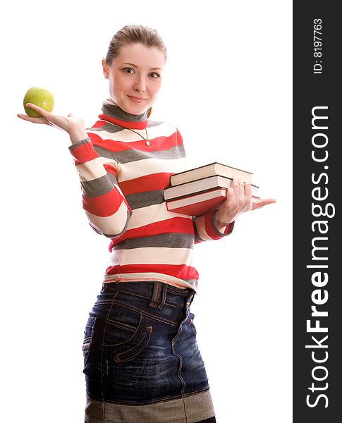 Beautiful young girl with a book and and apple. Isolated on white. Beautiful young girl with a book and and apple. Isolated on white.