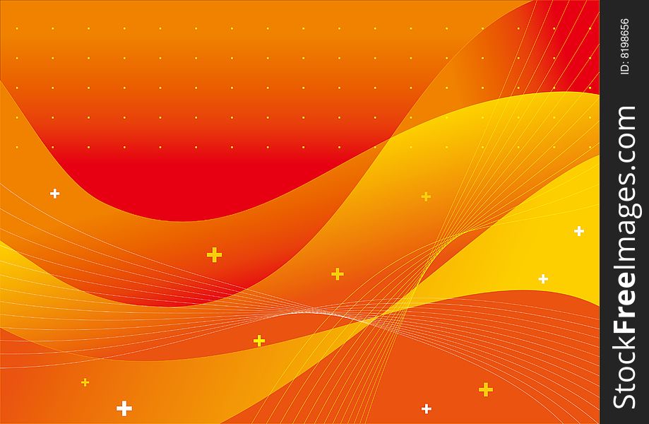 Orange background with curves,crosses and spots.