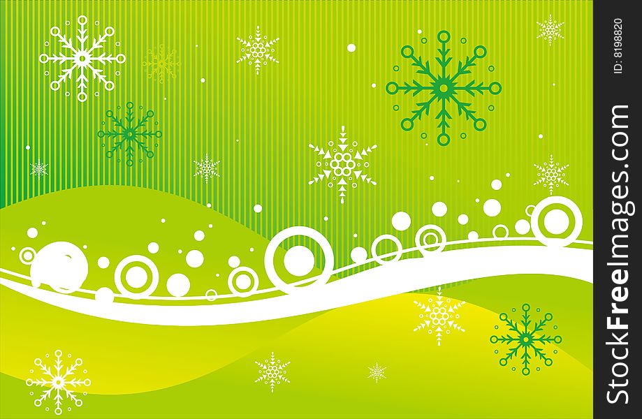 Green background with snowflakes,circles and curves.