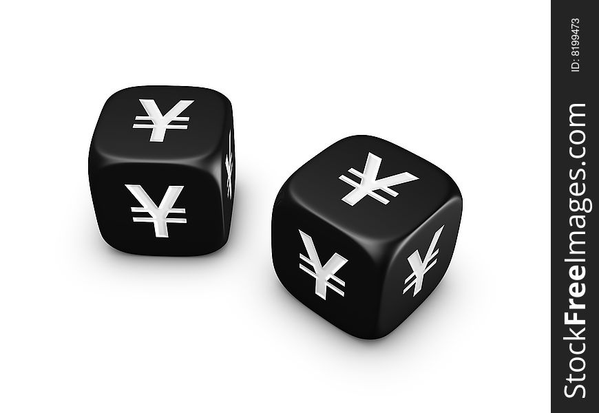 Pair of black dice with yen sign isolated on white background