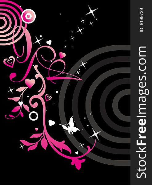 Background with concentric circles,hearts,floral ornament,sparks and butterfly.