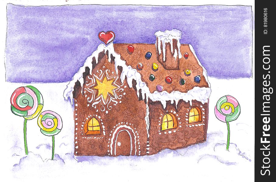 Watercolor Illustration - Ginger House In The Snow