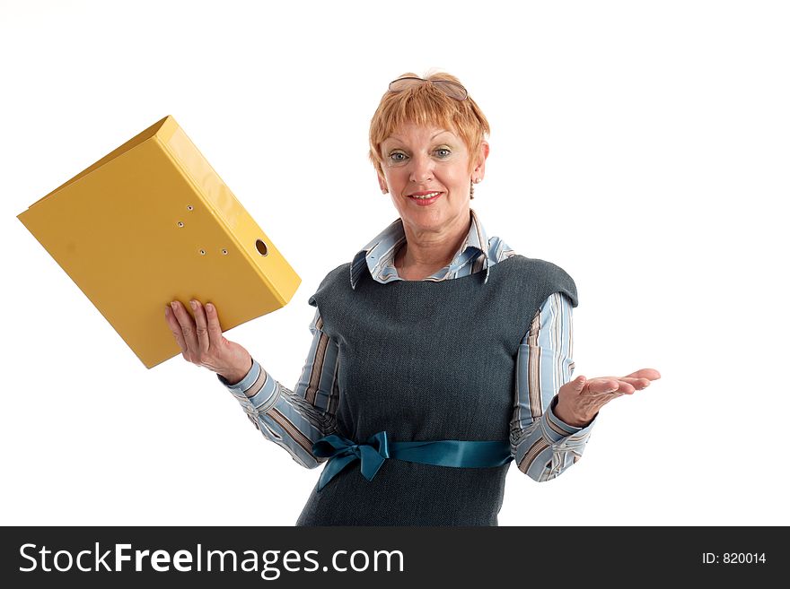 Portrait of a beautiful mature businesswoman holding yellow binder. Portrait of a beautiful mature businesswoman holding yellow binder