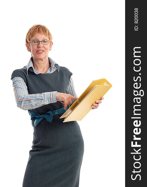 Portrait of a beautiful mature business woman holding yellow binder. Portrait of a beautiful mature business woman holding yellow binder