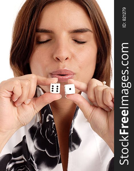 Portrait of a young woman holding dices. Portrait of a young woman holding dices
