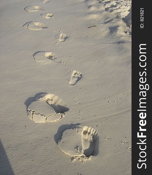 This photo is of a set of footprints in the sand.