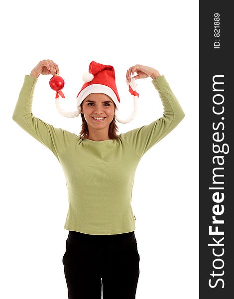 Portrait of a young happy woman wearing Santa hat. Portrait of a young happy woman wearing Santa hat