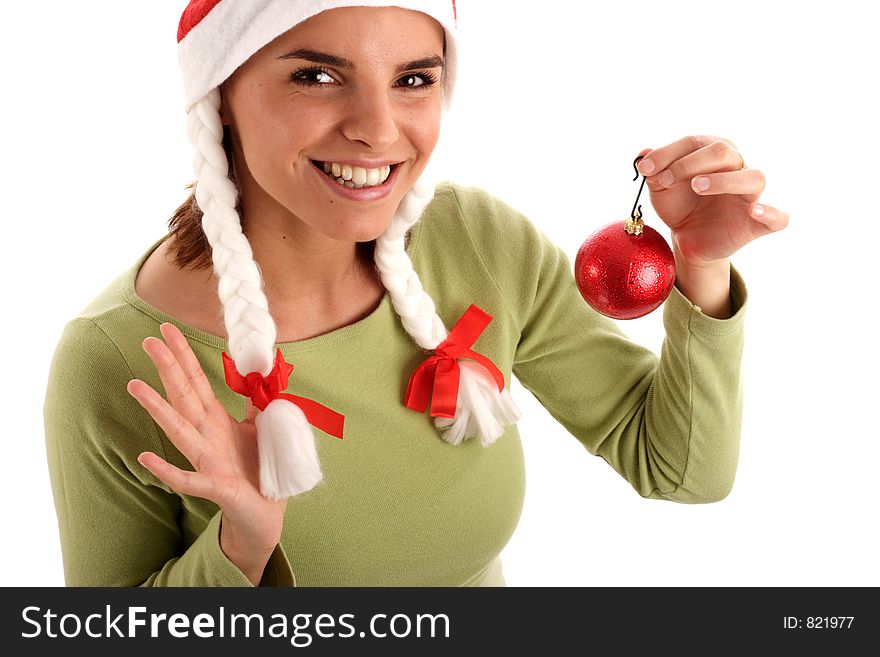 Portrait of a young woman holding red bauble. Portrait of a young woman holding red bauble