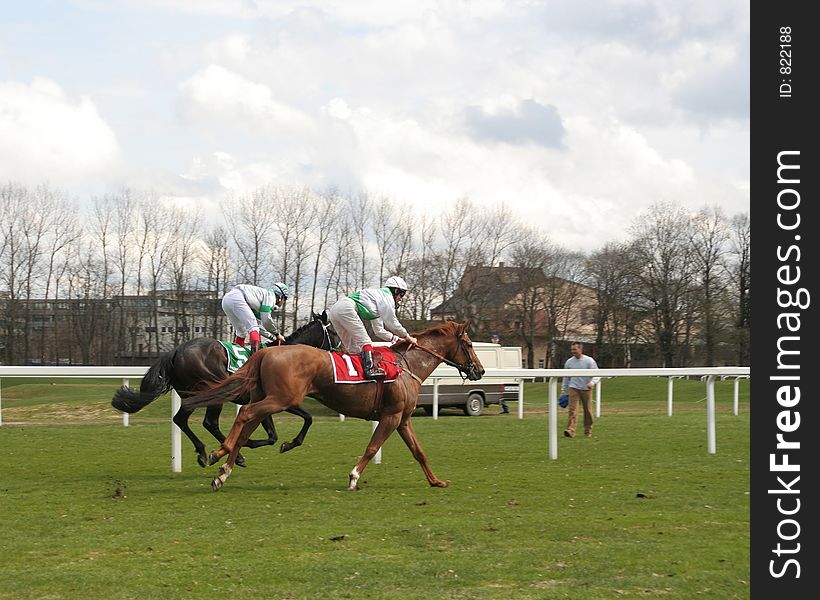 The finish of a horse race. The finish of a horse race.