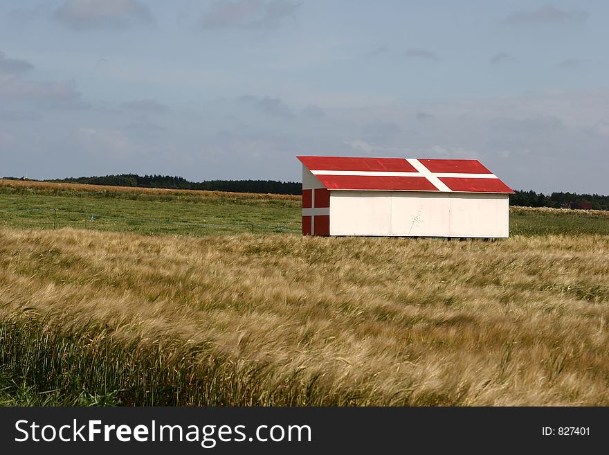 In the country nearby  a danish village in the summer a house with the danish flag on the roof. In the country nearby  a danish village in the summer a house with the danish flag on the roof