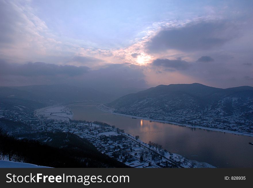 Sunset over Danube, snowy February dusk. Sunset over Danube, snowy February dusk