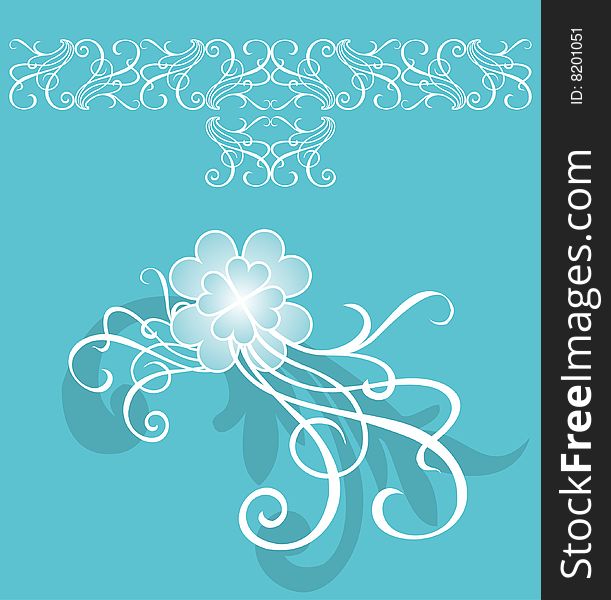 Sky blue background with floral ornament.