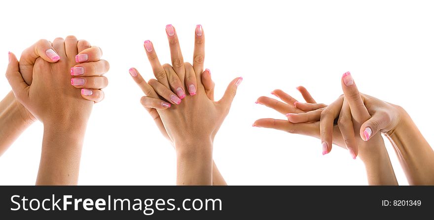 Woman hand on white background