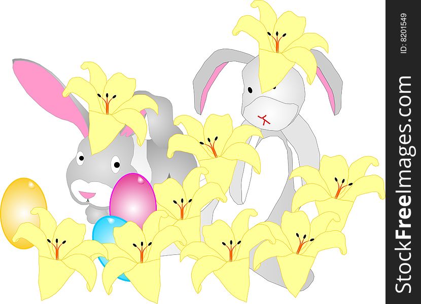 Two rabbits hiding amongst Easter lilies and eggs. Two rabbits hiding amongst Easter lilies and eggs