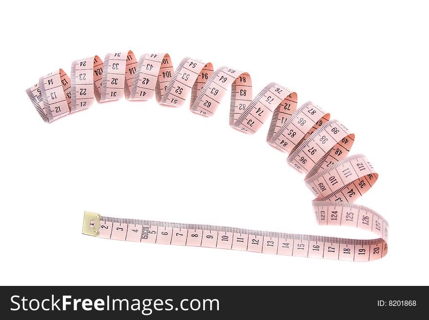 Pink tape measure on white background