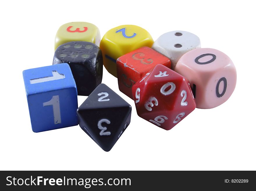 Collection of unusual dice isolated on a white background