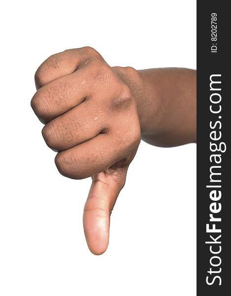 African hand show thumbs down sign on white background