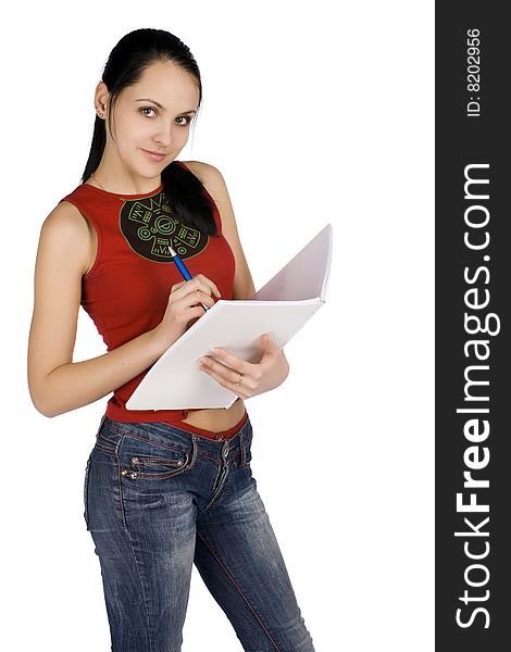 Nice girl with a notebook. Isolated on white