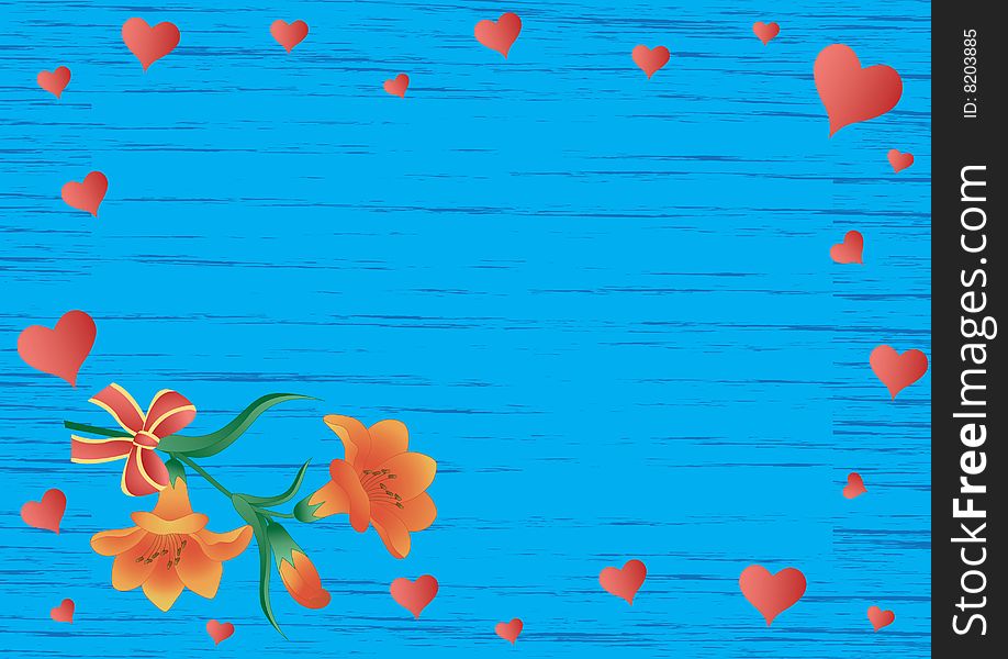 Scope with lilies, hearts and bow on a blue abstract background